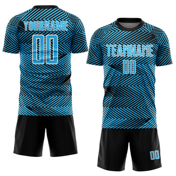 Custom Sky Blue Black-White Line Sublimation Soccer Uniform Jersey