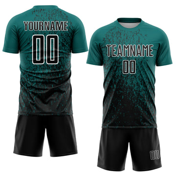 Custom Teal Black-White Abstract Fragment Art Sublimation Soccer Uniform Jersey