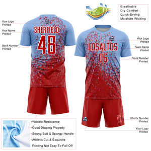 Custom Light Blue Red-White Abstract Fragment Art Sublimation Soccer Uniform Jersey