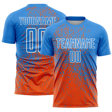 Custom Powder Blue Orange-White Abstract Fragment Art Sublimation Soccer Uniform Jersey