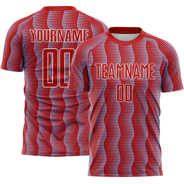 Custom Red Light Blue-White Geometric Shape Sublimation Soccer Uniform Jersey