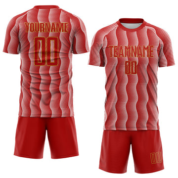 Custom Red Old Gold-White Geometric Shape Sublimation Soccer Uniform Jersey