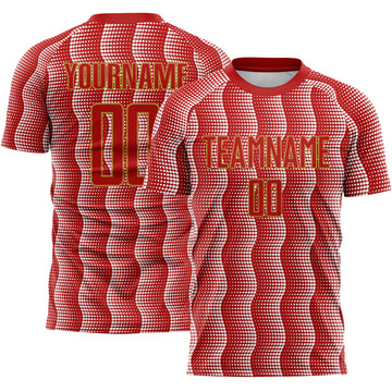 Custom Red Old Gold-White Geometric Shape Sublimation Soccer Uniform Jersey