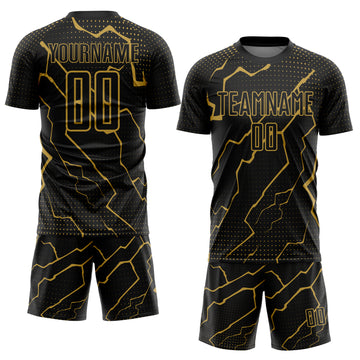 Custom Black Old Gold Lightning Sublimation Soccer Uniform Jersey