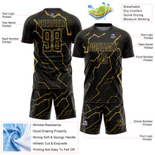 Load image into Gallery viewer, Custom Black Old Gold Lightning Sublimation Soccer Uniform Jersey
