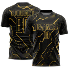 Load image into Gallery viewer, Custom Black Old Gold Lightning Sublimation Soccer Uniform Jersey
