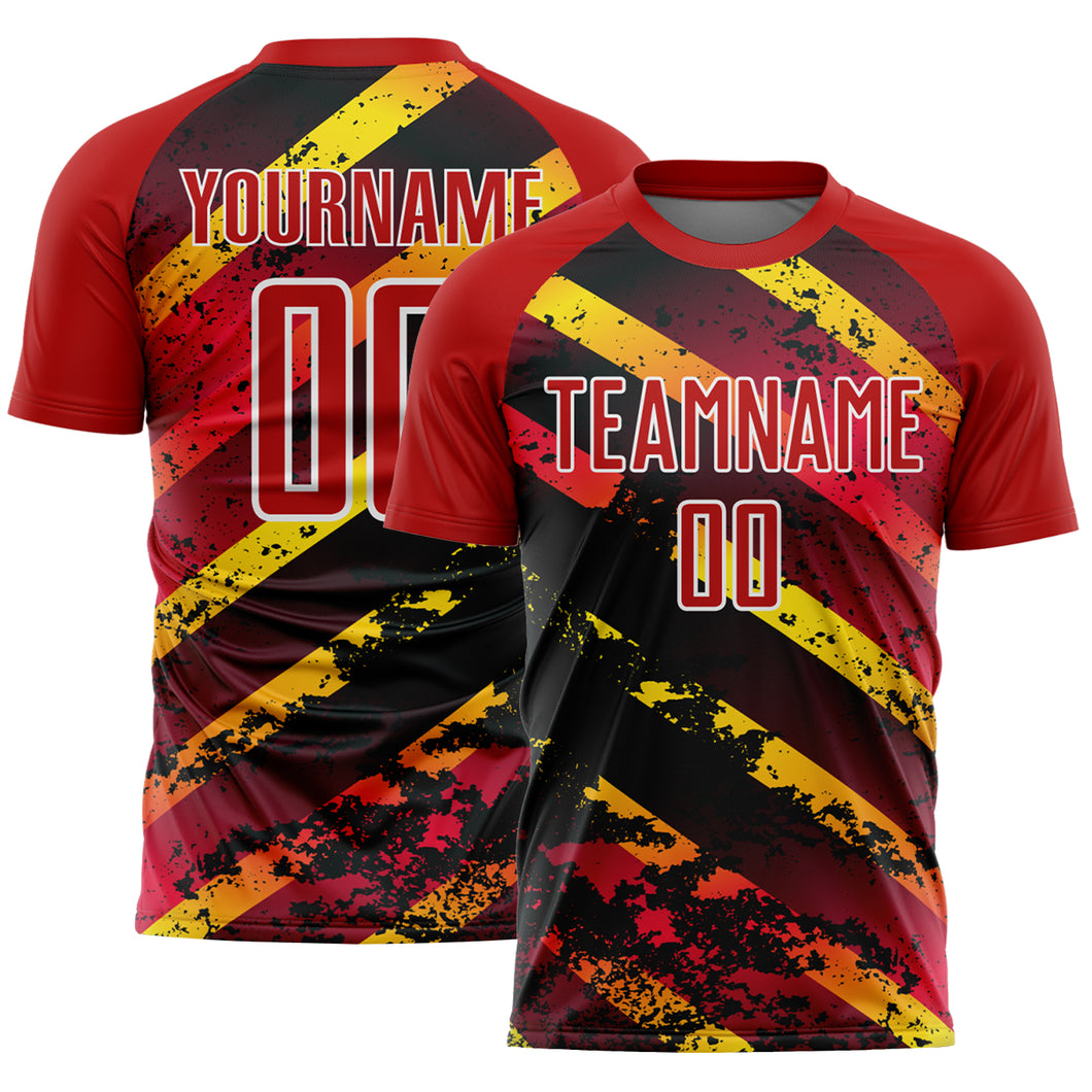 Custom Red Gold-Black Splash Sublimation Soccer Uniform Jersey