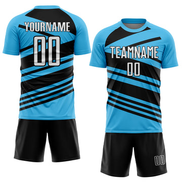 Custom Sky Blue White-Black Line Sublimation Soccer Uniform Jersey