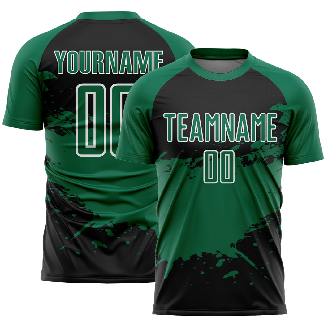 Custom Black Kelly Green-White Splash Sublimation Soccer Uniform Jersey