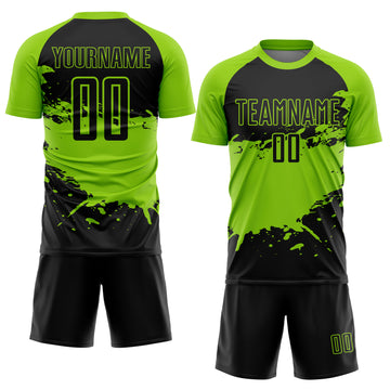 Custom Black Neon Green Splash Sublimation Soccer Uniform Jersey