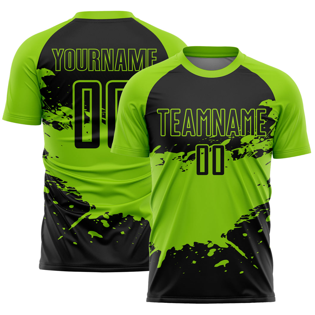 Custom Black Neon Green Splash Sublimation Soccer Uniform Jersey