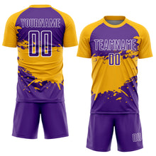 Load image into Gallery viewer, Custom Purple Gold-White Splash Sublimation Soccer Uniform Jersey
