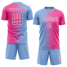 Laden Sie das Bild in den Galerie-Viewer, Custom Light Blue Pink-White Gradient Line Sublimation Soccer Uniform Jersey
