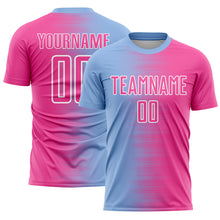 Laden Sie das Bild in den Galerie-Viewer, Custom Light Blue Pink-White Gradient Line Sublimation Soccer Uniform Jersey
