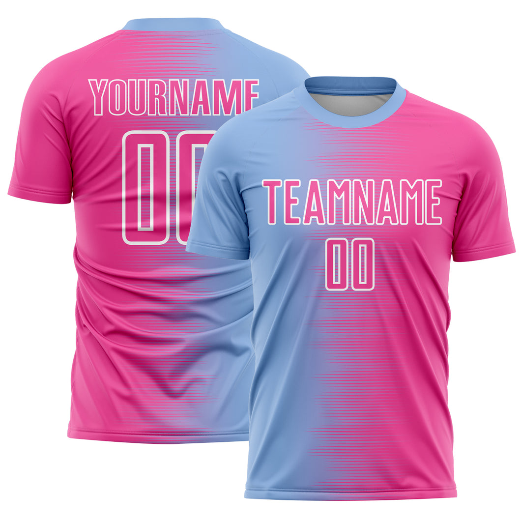 Custom Light Blue Pink-White Gradient Line Sublimation Soccer Uniform Jersey