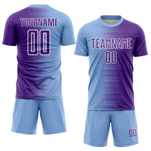 Laden Sie das Bild in den Galerie-Viewer, Custom Light Blue Purple-White Gradient Line Sublimation Soccer Uniform Jersey
