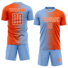 Laden Sie das Bild in den Galerie-Viewer, Custom Light Blue Orange-White Gradient Line Sublimation Soccer Uniform Jersey
