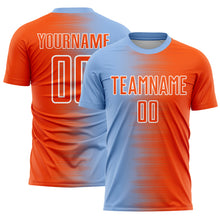 Laden Sie das Bild in den Galerie-Viewer, Custom Light Blue Orange-White Gradient Line Sublimation Soccer Uniform Jersey
