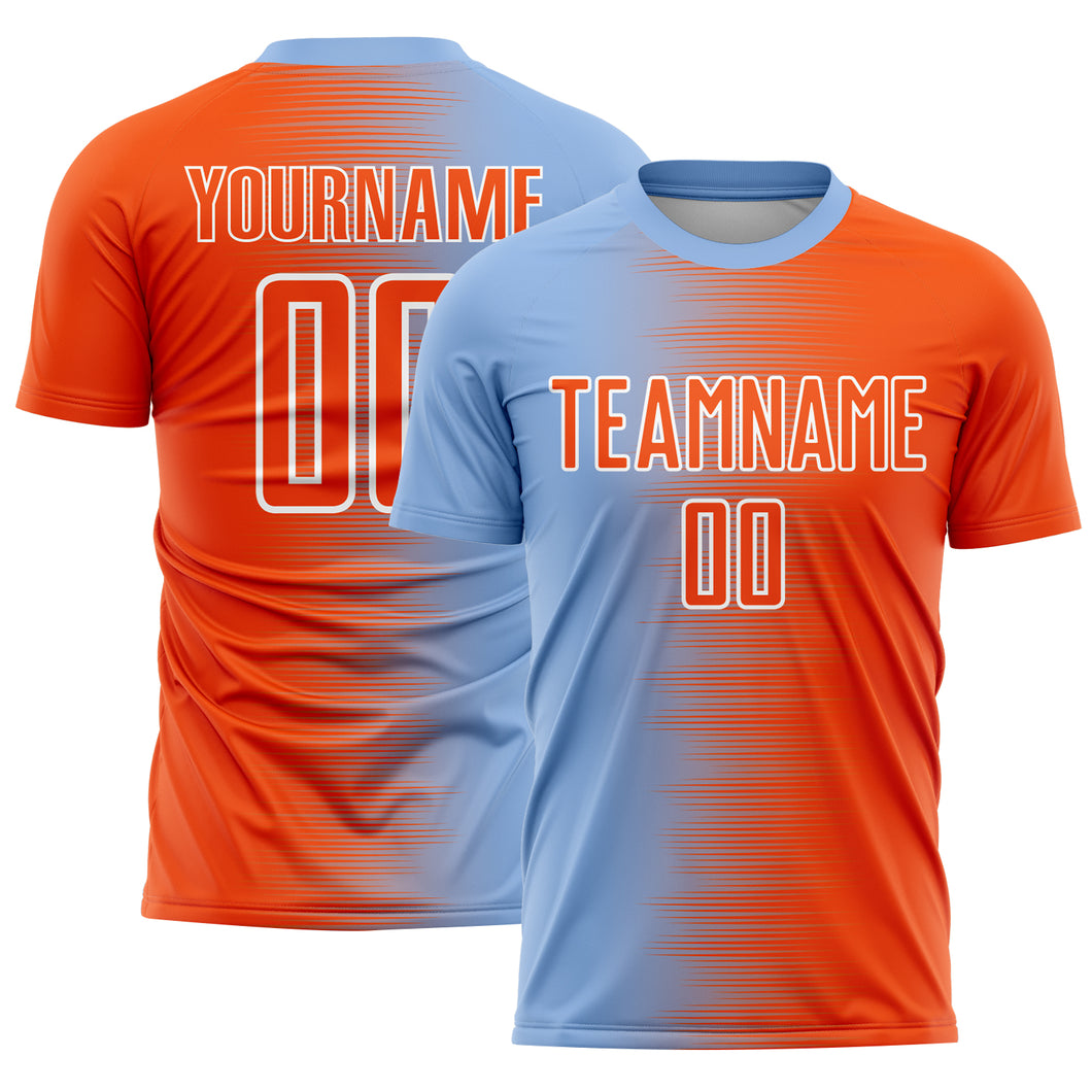 Custom Light Blue Orange-White Gradient Line Sublimation Soccer Uniform Jersey