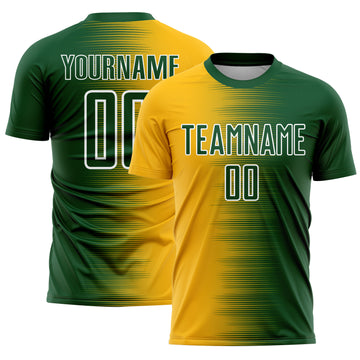 Custom Green Gold-White Gradient Line Sublimation Soccer Uniform Jersey