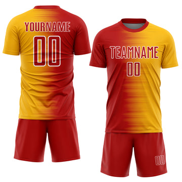 Custom Red Gold-White Gradient Line Sublimation Soccer Uniform Jersey