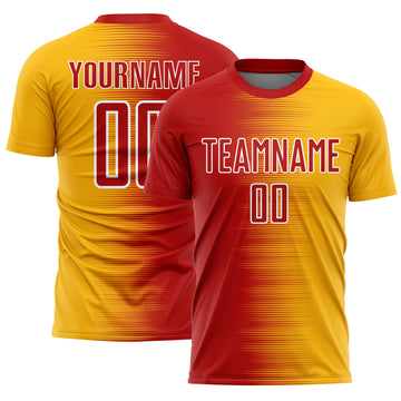 Custom Red Gold-White Gradient Line Sublimation Soccer Uniform Jersey