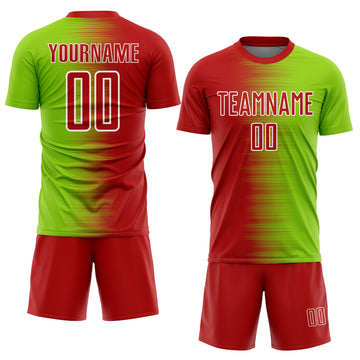 Custom Red Neon Green-White Gradient Line Sublimation Soccer Uniform Jersey