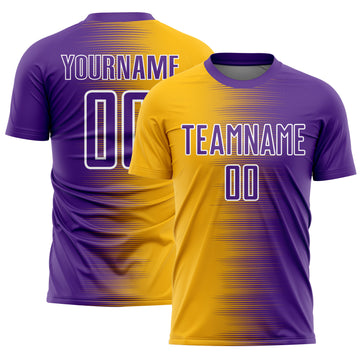 Custom Purple Gold-White Gradient Line Sublimation Soccer Uniform Jersey