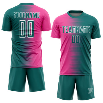 Custom Teal Pink-White Gradient Line Sublimation Soccer Uniform Jersey