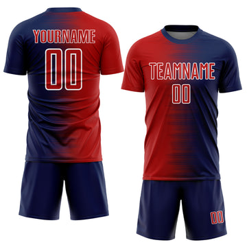 Custom Navy Red-White Gradient Line Sublimation Soccer Uniform Jersey