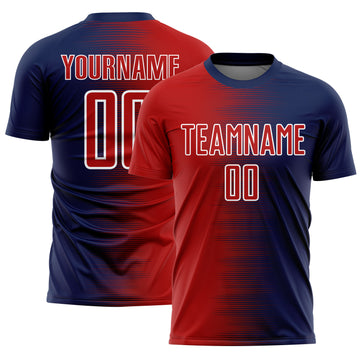 Custom Navy Red-White Gradient Line Sublimation Soccer Uniform Jersey