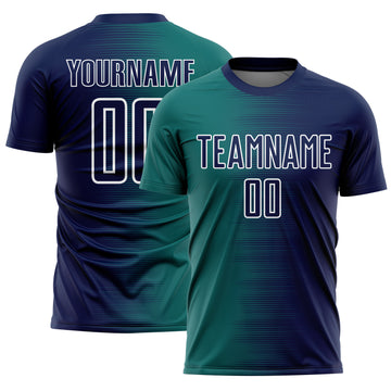 Custom Navy Teal-White Gradient Line Sublimation Soccer Uniform Jersey