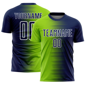 Custom Navy Neon Green-White Gradient Line Sublimation Soccer Uniform Jersey