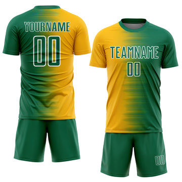 Custom Kelly Green Gold-White Gradient Line Sublimation Soccer Uniform Jersey