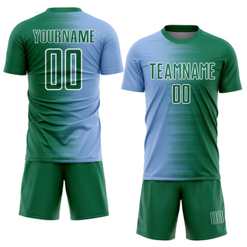 Custom Kelly Green Light Blue-White Gradient Line Sublimation Soccer Uniform Jersey