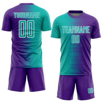 Custom Purple Aqua-White Gradient Line Sublimation Soccer Uniform Jersey