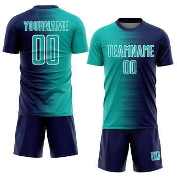 Custom Navy Aqua-White Gradient Line Sublimation Soccer Uniform Jersey