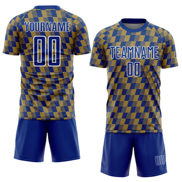 Custom Royal Old Gold-White Line Sublimation Soccer Uniform Jersey