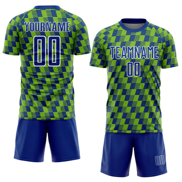 Custom Royal Neon Green-White Line Sublimation Soccer Uniform Jersey