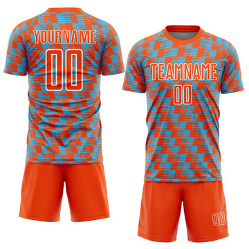 Custom Orange Sky Blue-White Line Sublimation Soccer Uniform Jersey