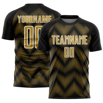 Custom Black Old Gold-White Line Sublimation Soccer Uniform Jersey