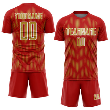 Custom Red Old Gold-White Line Sublimation Soccer Uniform Jersey