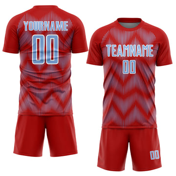 Custom Red Light Blue-White Line Sublimation Soccer Uniform Jersey