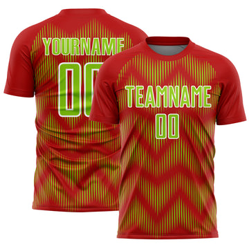 Custom Red Neon Green-White Line Sublimation Soccer Uniform Jersey