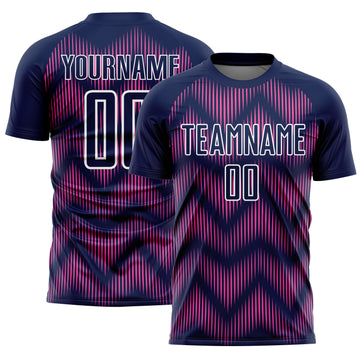 Custom Navy Pink-White Line Sublimation Soccer Uniform Jersey