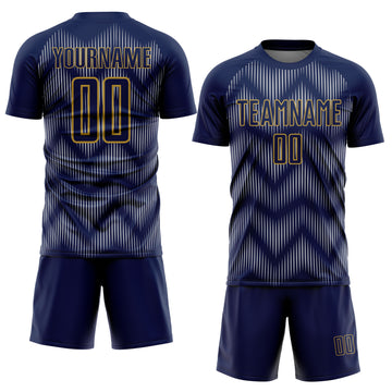 Custom Navy Gray-Old Gold Line Sublimation Soccer Uniform Jersey