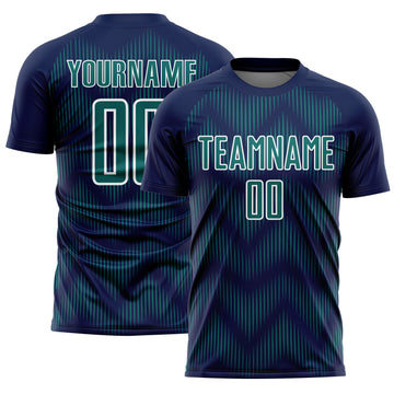 Custom Navy Teal-White Line Sublimation Soccer Uniform Jersey