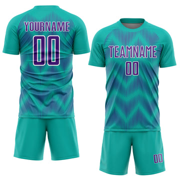 Custom Aqua Purple-White Line Sublimation Soccer Uniform Jersey