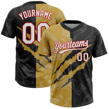 Charger l&#39;image dans la galerie, Custom Graffiti Pattern Black Old Gold-Red 3D Two-Button Unisex Softball Jersey
