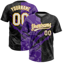 Charger l&#39;image dans la galerie, Custom Graffiti Pattern Black Purple-Gold 3D Two-Button Unisex Softball Jersey
